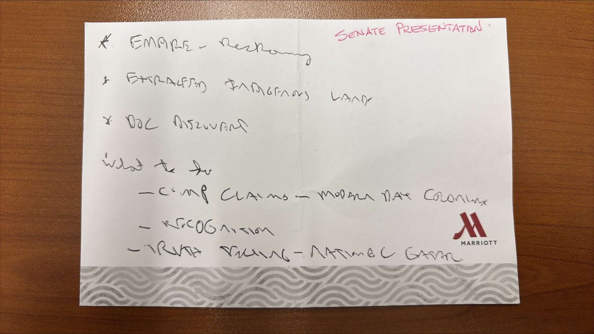 An image of Bruce's speaking notes for the opening statement at the House of Commons Standing Committee on Indigenous and Northern Affairs.. 